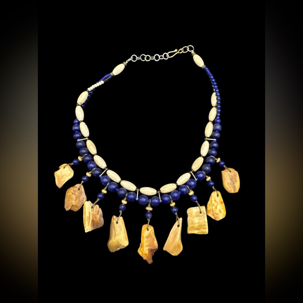 Vintage Alaskan Native Fossilized Walrus Lapis Choker Collar Necklace 17.5”
